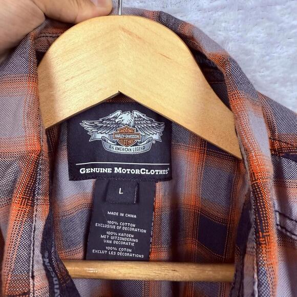 Harley-Davidson Red Black Plaid Men Shirt L Short Sleeve HD Motorcycles Western - Picture 5 of 10